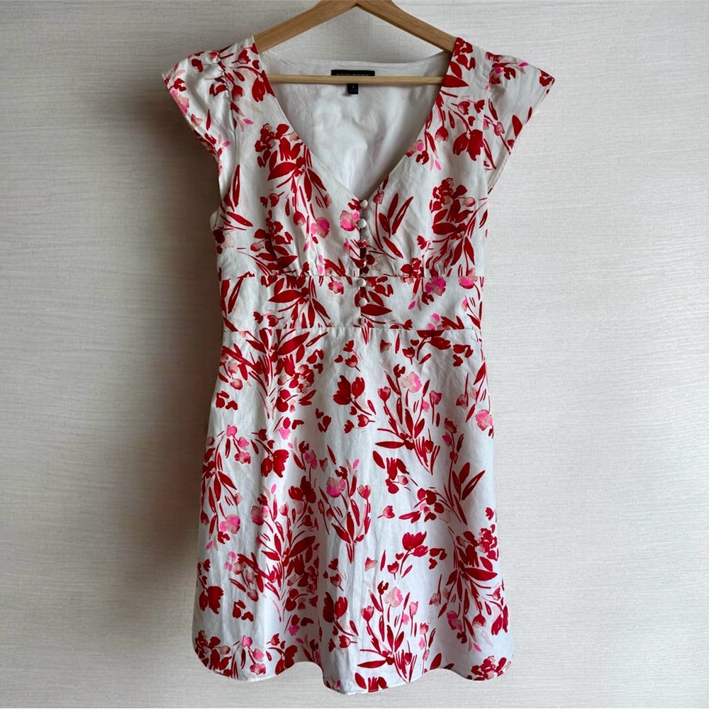 Banana Republic Floral Linen Cotton Mini Dress V Neck Button Front Size 8
